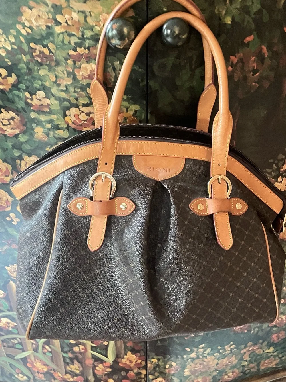 Rioni Brown Patterned Satchel with Tan Trim Handles